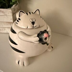 Pier 1 Imports Black and White Fat Cat and Mouse Ceramic Decorative Tea Pot VTG